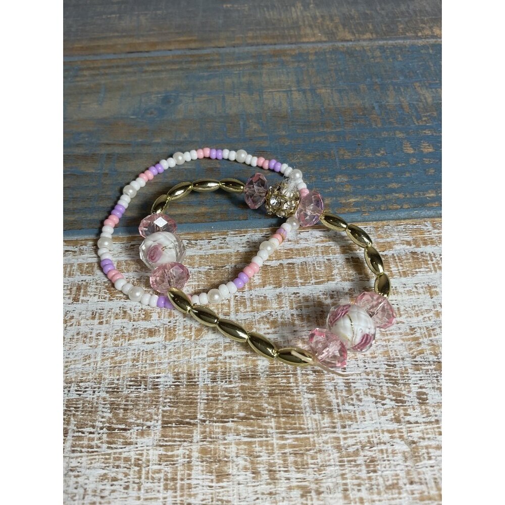 2 Handmade Pink & White Beaded Bracelet Set For Girls